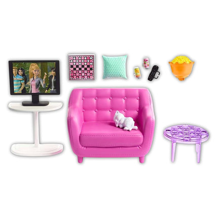 Barbie Indoor Furniture Playset, Living Room Includes Kitten, Furniture and Accessories for Movie and Game Night