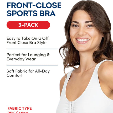 Fruit of the Loom Women's Front Close Builtup 3-pack (One Set Pads) Sports Bra, Black/White/Heather Grey 3-pack, 38 UK