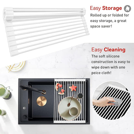MERRYBOX Roll Up Dish Drying Rack Silicone Wrapped Over The Sink Dish Rack Foldable Dish Drainer Anti-Slip Dish Racks for Kitchen Counter, Multipurpose Kitchen Sink Drying Rack, 20.5" x 13", White