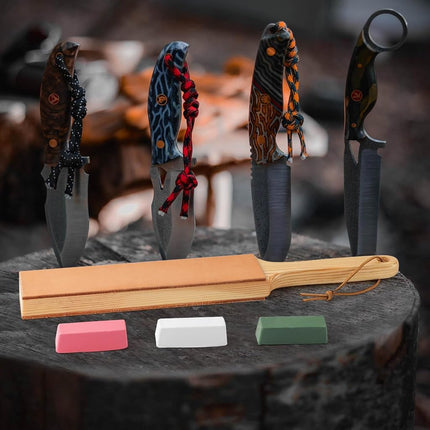ANGERSTONE Double Side Leather Strop for Knife Sharpening - 14''x 2'' Stropping Block Kit with Polishing Compound, Ergonomic Handle Honing Knives, Woodworking Chisels White,Green