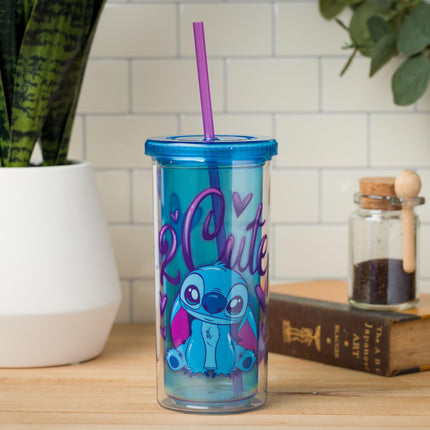 Silver Buffalo Lilo & Stitch Airbrush 2 Cute 20oz Plastic Tall Cold Cup w/Lid and Straw