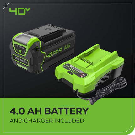Soplador de hojas axial inalámbrico Greenworks 40V (130 MPH / 550 CFM / más de 75 herramientas compatibles) sin escobillas, batería de 4.0Ah y cargador incluidos