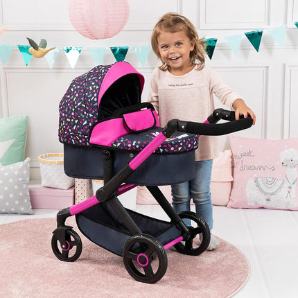 Bayer Baby Dolls Pram XEO - Convertible Doll Pushchair, Carrycot & Changing Bag - Foldable Stroller with Adjustable Handle Height for Girls, Tall Dolls Pram for 6 Years Plus, 3-5 Year Olds