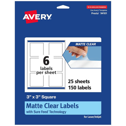 Avery Matte Clear Square Labels, Sure Feed Technology, 3" x 3", 150 Matte Clear Labels, Print-to-The-Edge, Laser/Inkjet Printable