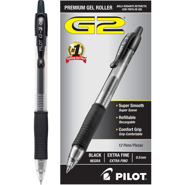 Pilot G2 Retractable Premium Gel Ink Roller Ball Pens, Extra Fine Point, Black, Box of 12 -31002