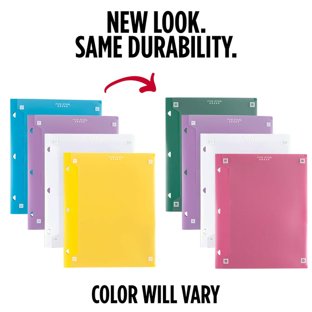Five Star 2 Pocket Folder, 4 Pack, Customizable Cover, Folder with Pockets, Fits 3 Ring Binder, Plastic, White, Amethyst Purple, Harvest Yellow, Tidewater Blue (330092B-ECM)