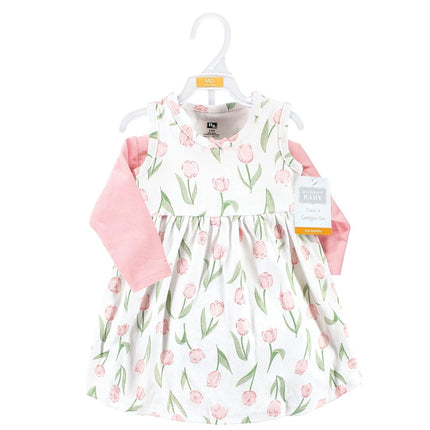 Hudson Baby Baby Girls' Cotton Dress and Cardigan Set, Pink Tulips, 3T