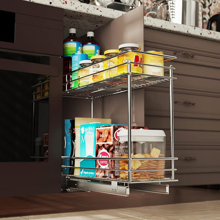 LOVMOR Pull Out Cabinet Organizer and Storage (5" W x 21" D) 2-Tier Pull Out Shelf Storage for Kitchen Base Cabinet Silver(5" W x 21" D, Silver, Roll on Top)