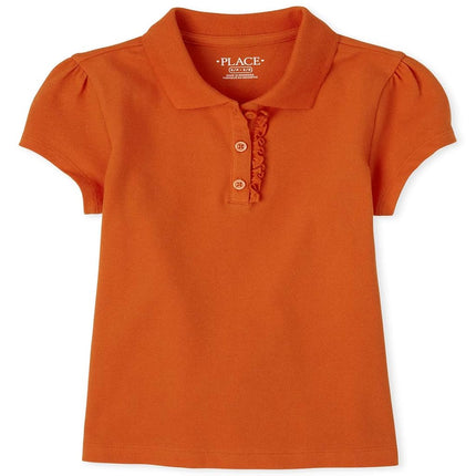The Children's Place Girls' Short Sleeve Ruffle Pique Polo, Flame Single, Large Plus