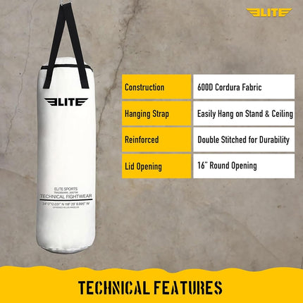 Elite Sports Boxing Bag – Heavy Duty Canvas Punching Bag with Straps for Boxing, Training, MMA, Muay Thai, Kickboxing, Martial Arts & Fitness – Unfilled Heavy Bag