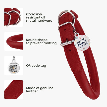 BronzeDog Rolled Leather Dog Collar Round Rope Pet Collars for Small Medium Large Dogs Puppy Cat Red Pink Blue Teal Brown Rose Green (Neck Size 12'' - 14'', Red)
