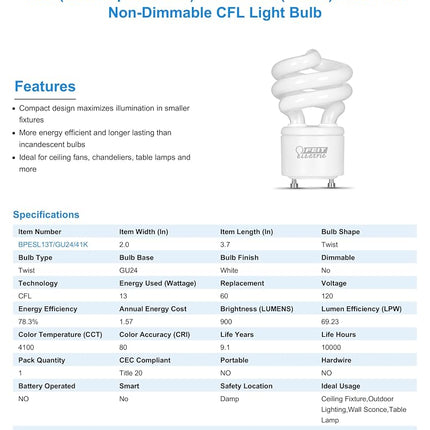 Feit Electric BPESL13T/GU24/41K/6 60W Equivalent 13 Watt 900 Lumen, 3.66" H x 2.09" D CFL Twist GU24 Base Bulb, 6 Pack, 4100K Cool White, 6 Count