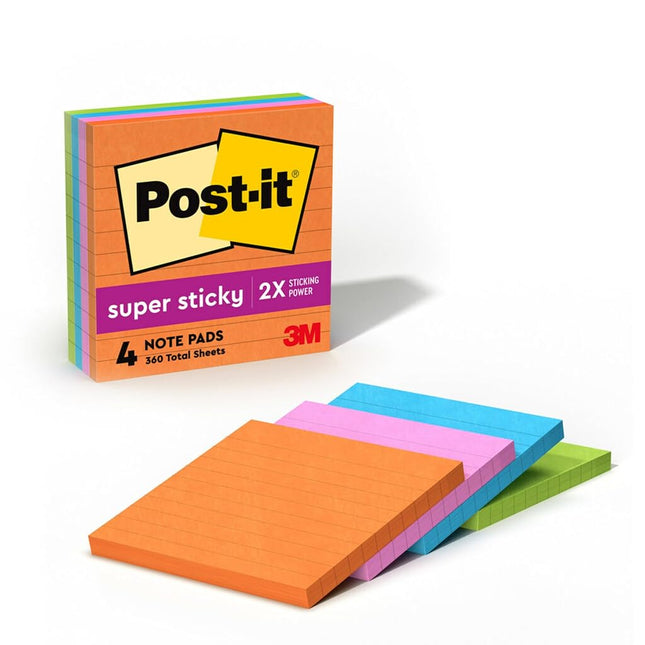 Post-it Super Sticky Notes, 4x4 in, 4 Pads, 2X The Sticking Power, Energy Boost Collection, Bright Colors, Recyclable (675-4SSUC)