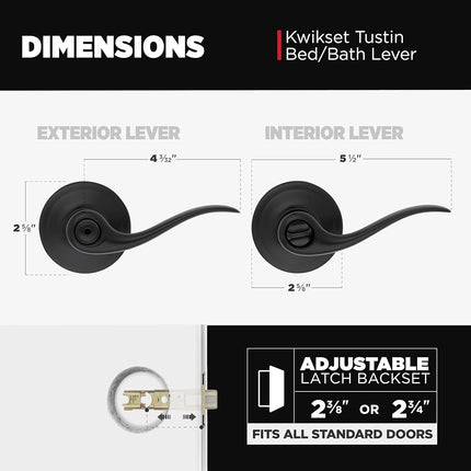 Kwikset Tustin Interior Privacy Door Handle with Lock, Door Lever for Bathroom and Bedroom, Matte Black Reversible Keyless Turn Lock, with Microban Protection