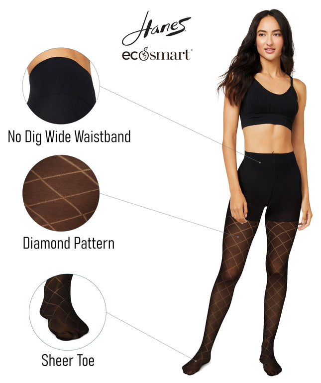 Hanes Women's EcoSmart Diamond Outline Controltop Tights, 25 den, Black, L
