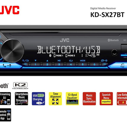 JVC KD-SX27BT Car Stereo with Bluetooth, 100W Digital Media Receiver, 1.5A USB to Charge Devices, Single DIN Head Unit, AM/FM, Aux-in, JVC Remote App