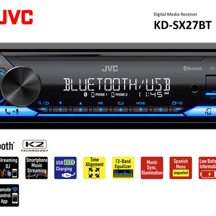 Autoestéreo JVC KD-SX27BT con Bluetooth, receptor de medios digital de 100 W, USB de 1.5 A para cargar dispositivos, unidad principal de un solo DIN, AM/FM, entrada auxiliar, aplicación remota JVC