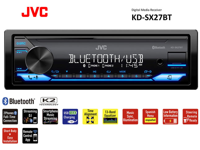 Autoestéreo JVC KD-SX27BT con Bluetooth, receptor de medios digital de 100 W, USB de 1.5 A para cargar dispositivos, unidad principal de un solo DIN, AM/FM, entrada auxiliar, aplicación remota JVC