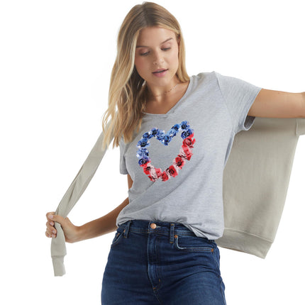 Hanes Women's Short Sleeve Graphic V-Neck Tee, Stars/Stripes Floral Heart/Light Steel, Medium