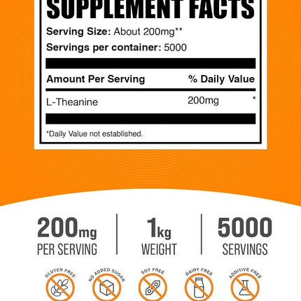 BulkSupplements.com L-Theanine Powder - L-Theanine Supplement, Amino Amino Supplement - Pure & Gluten Free, 200mg per Serving, 1kg (2.2 lbs) (Pack of 1)