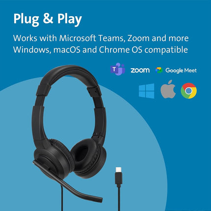 Kensington H1000 USB-C On-Ear Headset, Ultra Comfortable Professional Wired HD Audio Computer Headphone Device with Noise-Canceling Microphone, LEDs & 40mm Drivers, Universal Plug & Play (K83450WW)