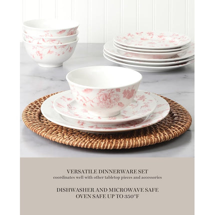 Service de table 12 pièces Martha Stewart Empress Bouquet en porcelaine décorée, résistante aux ébréchures et aux rayures - Rose fleuri