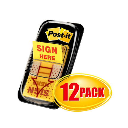 Post-it Message Flags Value Pack, "Sign Here", 1 inch, Yellow, 50 Flags per Dispenser, 2 Dispensers per Card, 6-Count per Box