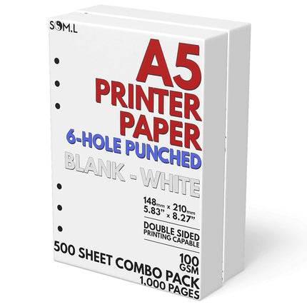 A5 Blank Paper 6-Hole Punched, 500 Sheets (1,000 P