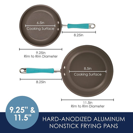 Rachael Ray Cucina Sartén antiadherente de doble paquete de aluminio anodizado duro con mangos azul agave, gris