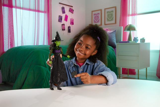 Mattel Universal Wicked Elphaba Fashion Doll and Green Leather Accessories, Braided Black Hair, Possibility and Removable Ballroom Look