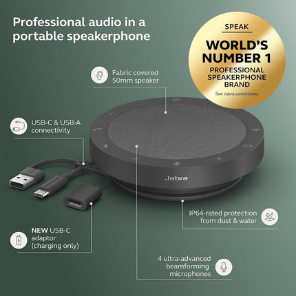 Jabra Speak2 55 Wireless Bluetooth Speakerphone with 4 Noise-cancelling Mics, Full-range 50mm Speaker, Wideband Audio, Compact and portable - MS Teams Certified, Works with Other Platforms - Dark Grey
