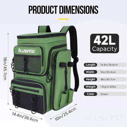 PLUSINNO Fishing Backpack with Rod Holders, 42L Large Water-Resistant Tackle Bag for Fishing, Camping, Hiking, Gifts for Men, Green