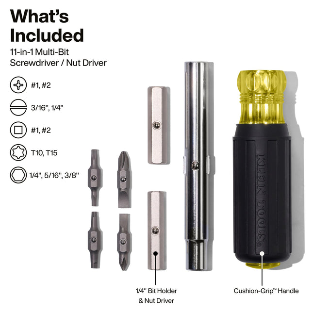 Klein Tools 32500 11-in-1 Screwdriver/Nut Driver Set, 8 Bits (Phillips, Slotted, Torx, Square), 3 Nut Driver Sizes, Cushion Grip Handle