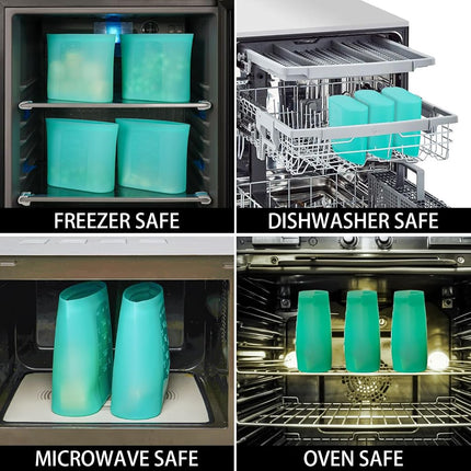Annaklin Reusable Freezer Bags Quart Size, 4 Pack, 100% Silicone Stand Up Ziplock Reusable Silicone Food Storage Bags Sandwich Bags Containers, Freezer Microwave Oven Dishwasher Safe, Aqua, 33.8fl.oz