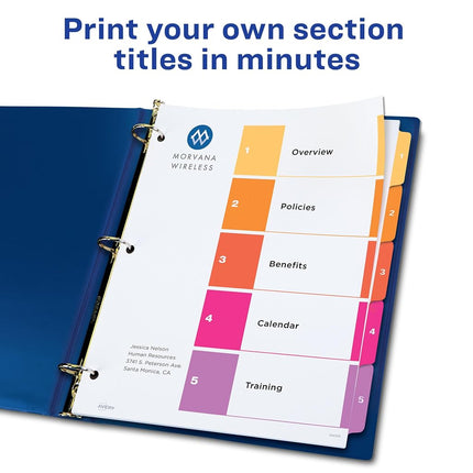 Avery 5-Tab Dividers for 3 Ring Binders, Customizable Table of Contents, Multicolor Tabs, 24 Sets (11167)