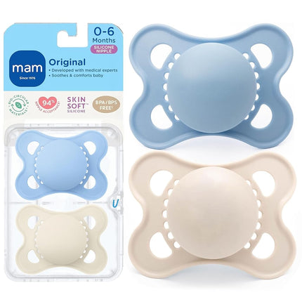 Sucette bébé MAM Original Mate, la forme de la tétine favorise un bon développement buccal, étui de stérilisation, Garçon et Fille, 0-6 mois (lot de 2)