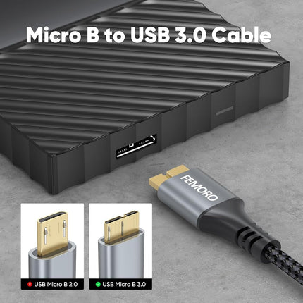 Cable de disco duro FEMORO de 0,9 m, transferencia de datos de 5 Gbps, cable USB 3.0 A a Micro B externo de repuesto para disco duro Seagate WD SSD HDD, disco de juegos Xbox y escáner Brother