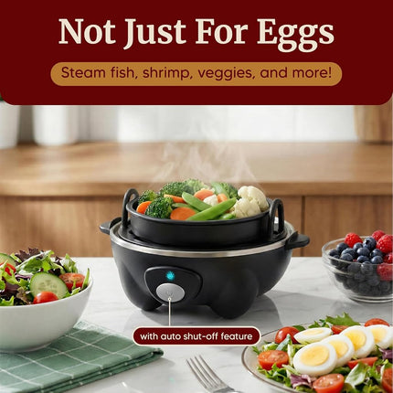 Elite Gourmet EGC-007B# Rapid Egg Cooker, 7 Easy-To-Peel, Hard, Medium, Soft Boiled Eggs, Poacher, Omelet Maker, Auto Shut-Off, Alarm, 16-Recipe Booklet, BPA-Free, Black