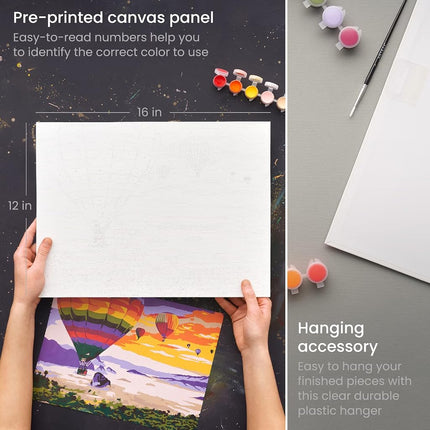 Arteza Paint by Number for Adults, 12x16 Inches, 21 Pieces, Hot-Air Balloon Paint by Numbers Kit, Comes with 1 Canvas Panel, 12 Acrylic Paint Pots, 5 Paintbrushes, Art Supplies for Home & Office Decor