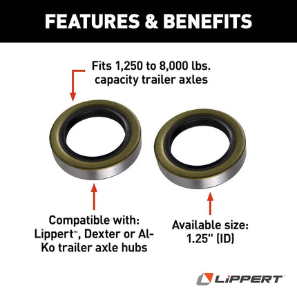 Lippert 333953 RV and Trailer Axle Grease Seal 1250LB 1" Spindle with 1.249 ID (Pack of 2)