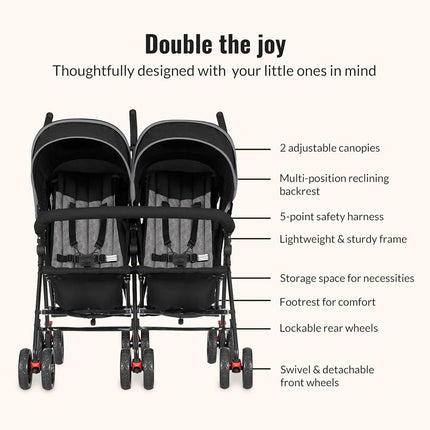 Dream On Me Volgo Twin Baby Stroller, Lightweight Side-by-Side Double Umbrella Stroller with Adjustable Canopy, 5-Point Harness, Storage Basket & Travel-Friendly Fold – Black