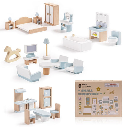ROBUD Ensemble de Meubles en Bois pour Maison de Poupée, 23 Pièces d'Accessoires Durables pour Maison de Poupée, Jouets de Meubles de Maison de Poupée pour Garçons Filles, 3+