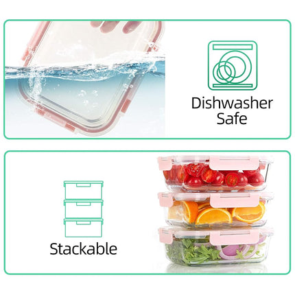 [10-Pack] Glass Meal Prep Containers - Food Storage Containers with Airtight Lids for Kitchen, Home Use - Glass Lunch Containers Pink