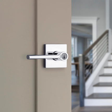 Kwikset Lisbon Square Entry Door Knob with Lock and Key, Secure Keyed Handle Exterior, Front Entrance and Bedroom, Polished Chrome, Pick Resistant SmartKey Rekey Security