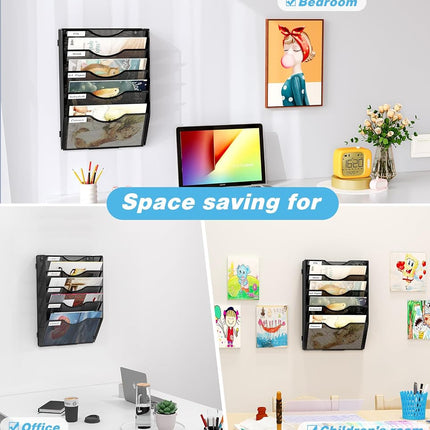 Solinxe Wall Hanging File Holder 5 Pocket Wall Mounted Paper Organizer Magazine File Holder Storage Rack,Black