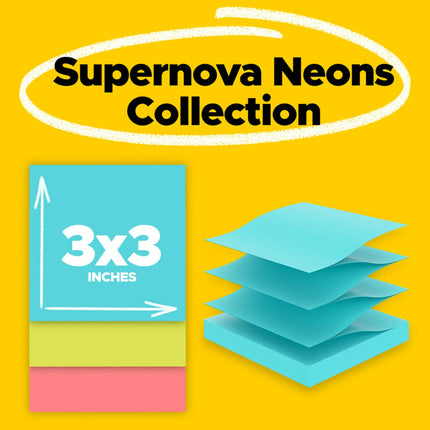 Notas Post-it Super Sticky Dispenser Pop-up, 10 blocs de notas adhesivas, 76,2 x 76,2 mm, 2 veces el poder de adherencia, organización de Año Nuevo o material escolar para el segundo semestre, colección Neones Supernova