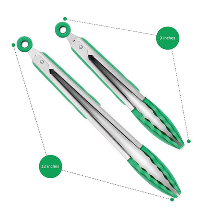 Lot de 2 pinces de cuisine en silicone – 23 cm et 30 cm, résistantes à la chaleur jusqu'à 260 °C, compatibles avec les ustensiles de cuisson antiadhésifs, embouts en silicone ondulés, sans BPA, anneau de verrouillage et de suspension, turquoise