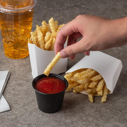 Vaso para papas fritas Bio Tek de 4.5 x 3.2 x 3.9 pulgadas, 100 vasos desechables para refrigerios - Apilables, sostenibles, papel blanco, soporte de 3 onzas para papas fritas, aros de cebolla, palomitas de maíz o galletas - Restaurantware