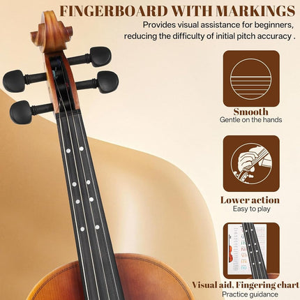 Kmise Violin 4/4 Full Set, Fingerboard Fret Markings Violins, Matte Acoustic Fiddle for Adults, Beginners, Students with Violin Case, Rosin, Strings, Bow, Shoulder Rest, Beginner's Guide (Matte, 4/4)