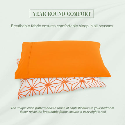 Elegant Comfort Luxury Soft 4-Piece Cube Geometric Pattern Sheet Set - 1500 Premium Quality Microfiber - Wrinkle and Fade Resistant Coziest Bedding Set, All Around Elastic Fitted Sheet, Twin, Orange